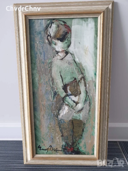 55х30см наивизъм/абстрактна стара картина масло върху фазер/момиче/дървена рамка, снимка 1
