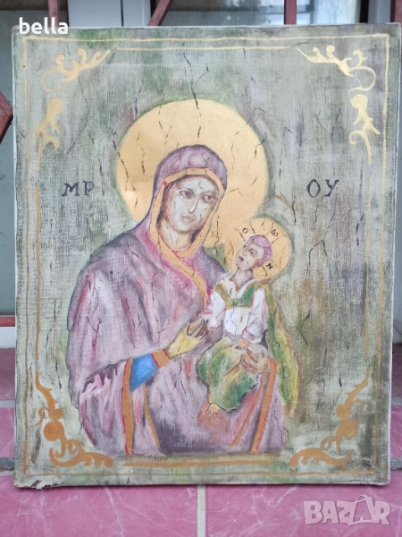 ИКОНА-ДЕВА МАРИЯ С МЛАДЕНЕЦА ,МАСЛО ВЪРХУ ПЛАТНО, снимка 1