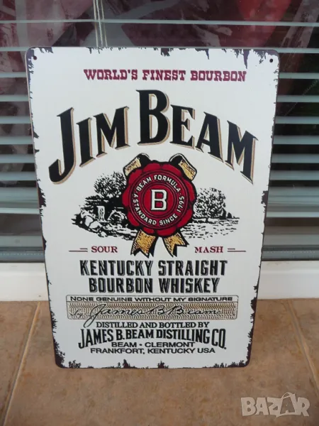 Метална табела уиски бърбън Jim Beam Bourbon бял етикет печат декорация бар, снимка 1