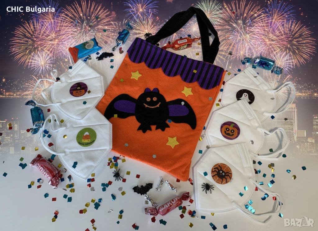Промоция за парти: 5 маски със стикери, подаръчна торбичка, бонбони и декорации, снимка 1