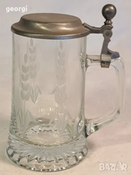 немска гравирана халба оловен кристал с калаен похлупак 22/6, снимка 1