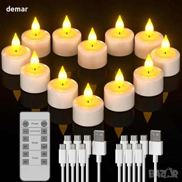 PChero безпламъчни LED свещи с акумулаторна батерия и дистанционно, 12 бр, снимка 1