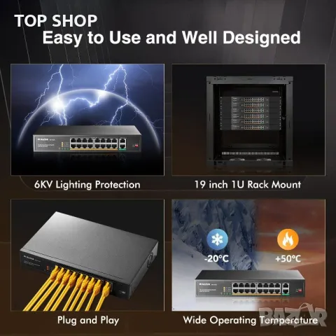 MokerLink 16-портов PoE switch с 2 Gigabit Uplink Ethernet прт, снимка 14 - Суичове - 48481972