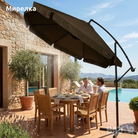 Голям градински чадър със странична стойка, Ø 350 см, UV защита, Водоустойчив + Покривало, снимка 2 - Градински мебели, декорация  - 54124179