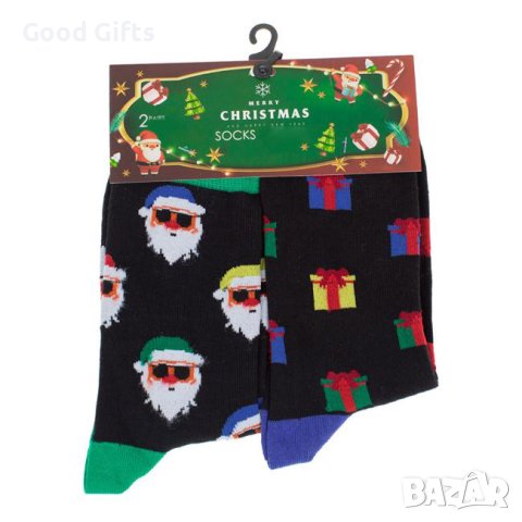 2 чифта Мъжки Коледни чорапи с Дядо Коледа и подаръци, 41-46н, снимка 2 - Мъжки чорапи - 42764159