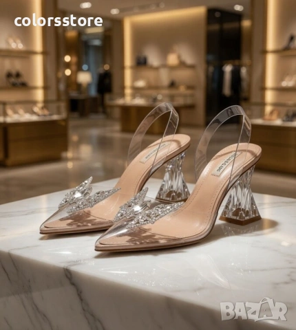 Сандали на ток - прозрачен силикон с бежов акцент - 7845 