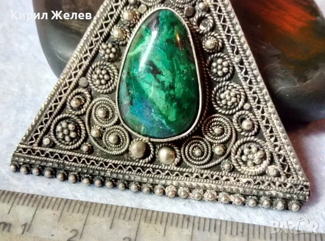 ПРЕЛЕСТНА СТАРИННА СКЪПОЦЕННА ФИЛИГРАННА СРЕБЪРНА БРОШКА ВИСОКА ПРОБА СРЕБРО с МАЛАХИТ 47540, снимка 2 - Антикварни и старинни предмети - 48476574