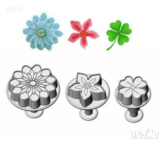 3 вида цвете цветя детелинка детелина хризантема пластмасови форми форма с бутало за сладки фондан , снимка 2 - Форми - 36601724