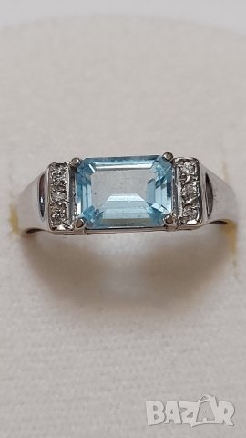 Златен пръстен с естествен аквамарин и брилянти