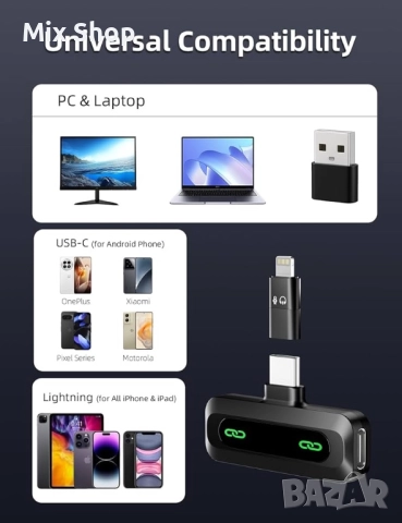 Безжичен лавалиер микрофон, предаване от 30 метра, всепосочен звук, съвместим с iPhone и Android, снимка 5 - Друга електроника - 52145428