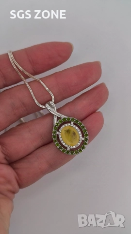 ЛУКСОЗЕН СРЕБЪРЕН ВИСУЛКА С ЖЪЛТ САПФИР, ОБГРАДЕН С ПЕРИДОТ ОТ ТАЙЛАНД, снимка 5 - Колиета, медальони, синджири - 52316723