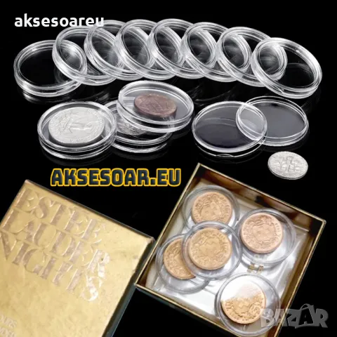 10 бр. прозрачни кръгли кутии за монети от 15 до 50 мм пластмасови капсули за съхранение клипси пред, снимка 11 - Нумизматика и бонистика - 47605833