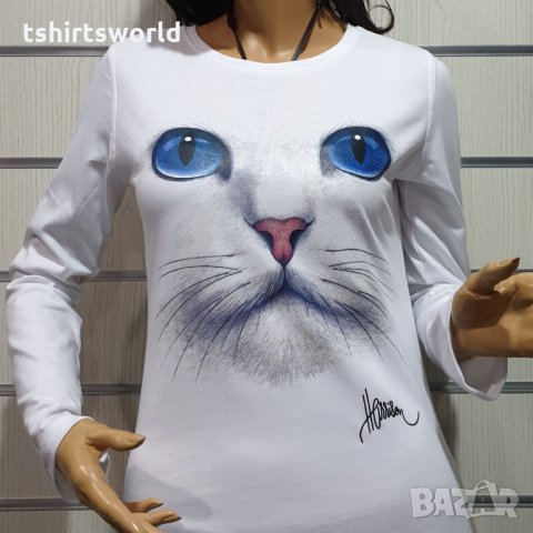 Нова дамска блуза с дълъг ръкав с 3D принт Котка със сини очи, снимка 2 - Блузи с дълъг ръкав и пуловери - 30655539