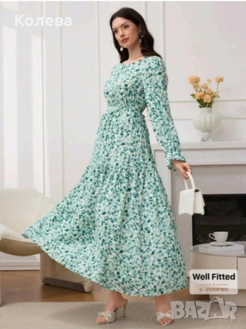 Шарена зелена рокля с дълъг ръкав