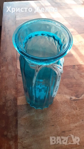 ваза стъклена синя дизайнерска качествена висока 30 см, снимка 2 - Вази - 53020493
