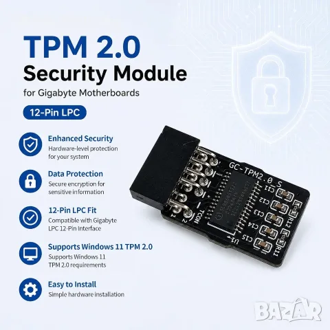 Модул за сигурност Lumfeerix TPM 2.0 за дънни платки Gigabyte (12-Pin LPC), снимка 7 - Дънни платки - 55751321