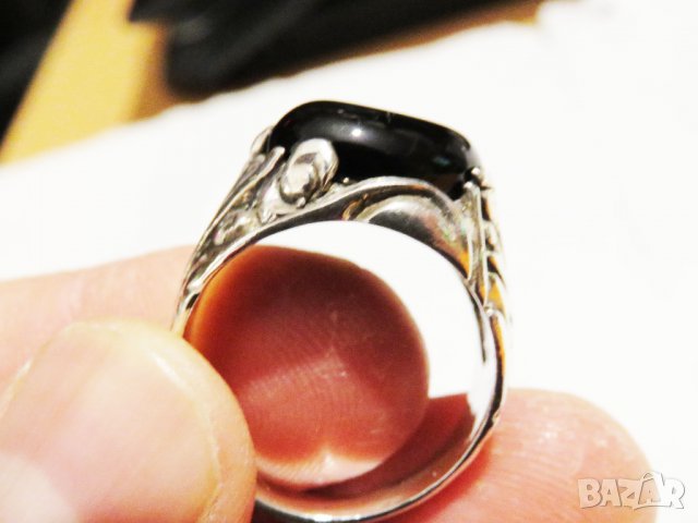 Стар красив мъжки сребърен пръстен с голям красив камък черен оникс и прекрастна изработка, снимка 7 - Пръстени - 31048116