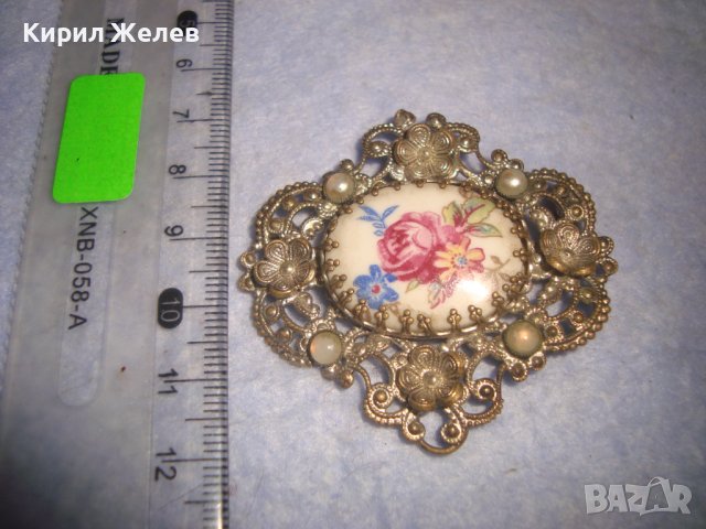СТАРА БРОНЗОВА ПОСРЕБРЕНА АР НУВО ФЛОРАЛНА ФИЛИГРАННА РЕТРО БРОШКА с РЪЧНО РИСУВАН ПОРЦЕЛАН 29171, снимка 8 - Антикварни и старинни предмети - 37320314