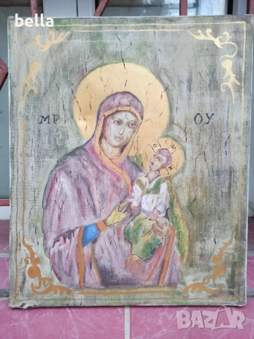 ИКОНА-ДЕВА МАРИЯ С МЛАДЕНЕЦА ,МАСЛО ВЪРХУ ПЛАТНО