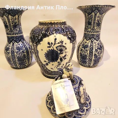 Антикварен комплект Delft – 2 вази и покрит съд, снимка 5 - Вази - 49099630