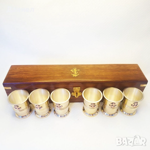 Чаши за шотове от бронз в дървена кутия, снимка 2 - Морски сувенири - 43839699