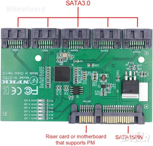 NFHK SATA 3.0 6Gbps 1 до 5 сплитер портове HUB адаптер конвертор PM множител  селектор JMB575 НОВ, снимка 2 - Други - 48023067