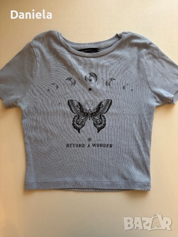 Къса синя тениска с принт , снимка 3 - Тениски - 52466070