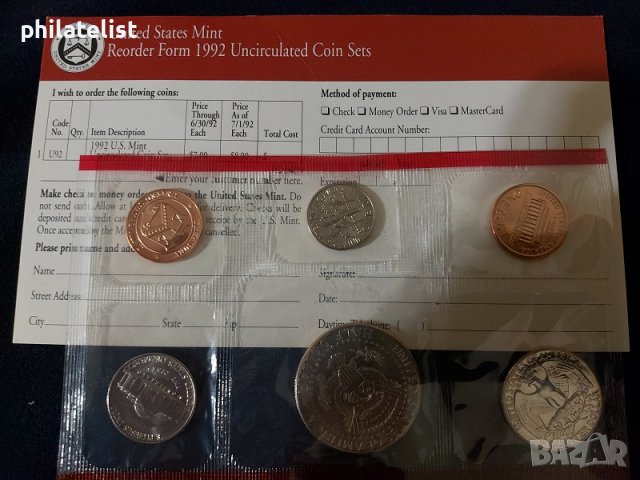 Комплектен сет - САЩ 1992 от 6 монети, снимка 2 - Нумизматика и бонистика - 37782450