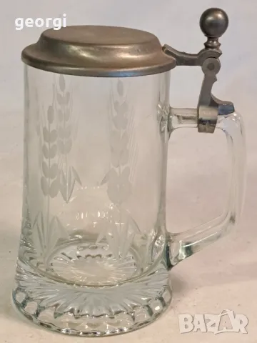 немска гравирана халба оловен кристал с калаен похлупак 22/6