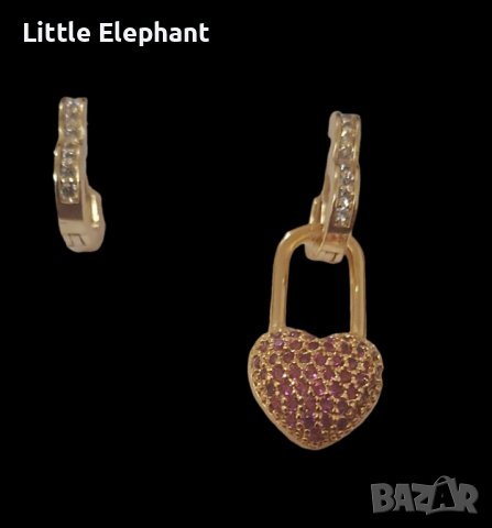 Обеци сърца,Gold с кристали white с висяща част сърце-катинар,dark pink/нови
