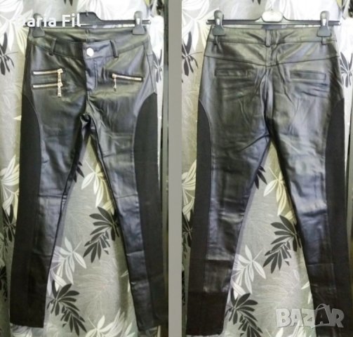 Клин-панталон черен - съчетание кожа и плътно трико - с декоративни ципове, снимка 1 - Клинове - 35460261