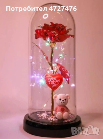 Романтична стъкленица с роза, мече и LED светлини, снимка 4 - Подаръци за жени - 53341617