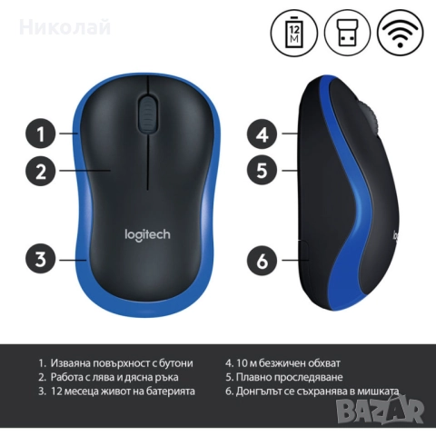 Мишка LOGITECH M185 BLUE 910-002236 син цвят, безжична връзка, снимка 4 - Клавиатури и мишки - 52771424