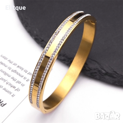 Твърда дамска гривна с камъни цирконии в изискан дизайн, снимка 3 - Гривни - 52786815