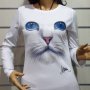 Нова дамска блуза с дълъг ръкав с 3D принт Котка със сини очи, снимка 2