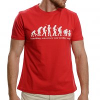 Нова мъжка тениска с трансферен печат Човешка еволюция в червен цвят, снимка 1 - Тениски - 37664008