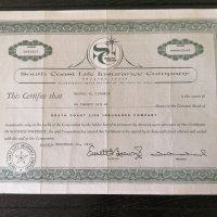 Сертификат за притежание на 26 акции (САЩ) | South Coast Life Insurance | 1963г., снимка 1 - Други ценни предмети - 34876308