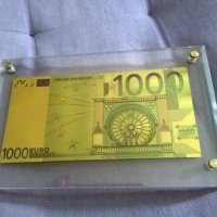 Позлатена банкнота от 1000евро в плексигласова рамка 200х126мм-банкнотата 165х82мм за подарък , снимка 6 - Нумизматика и бонистика - 42249458
