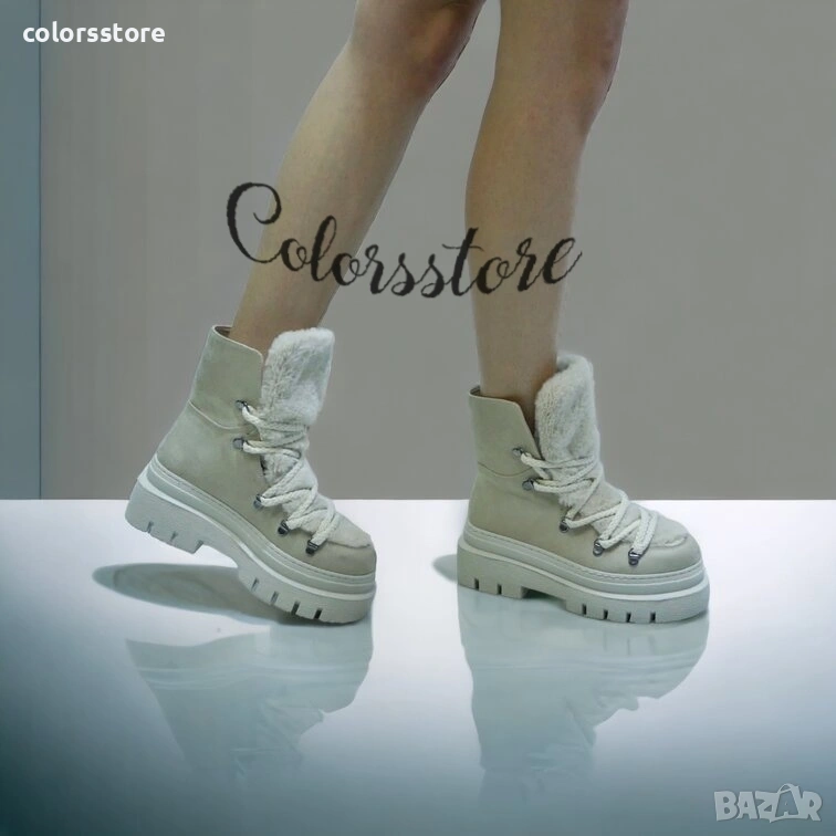 Боти на платформа - бежов велур - BPUH1, снимка 1