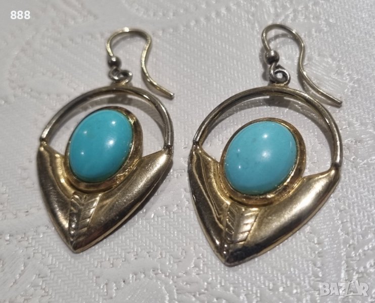 Vintage сребърни обеци с тюркоази и позлата , снимка 1