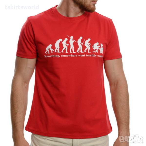 Нова мъжка тениска с трансферен печат Човешка еволюция в червен цвят, снимка 1
