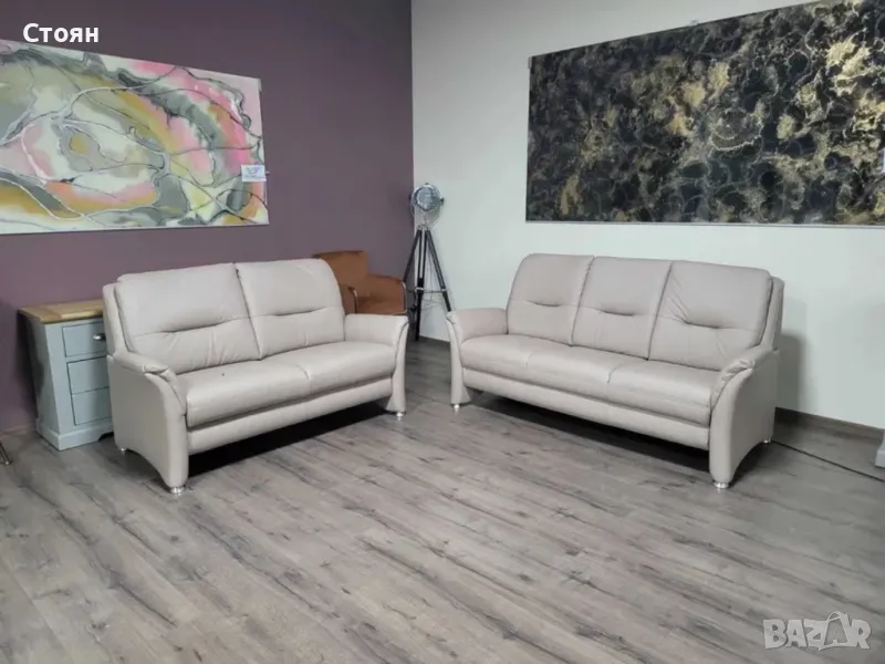 ПРОМОЦИЯ!!!Кремав кожен комплект дивани тройка и двойка Polinova PN-PF19167, снимка 1