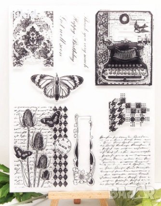 Пеперуда текст пишеща машина силиконов гумен печат украса бисквитки фондан Scrapbooking, снимка 1