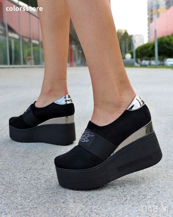 Обувки на платформа - черен велур - RK120, снимка 1