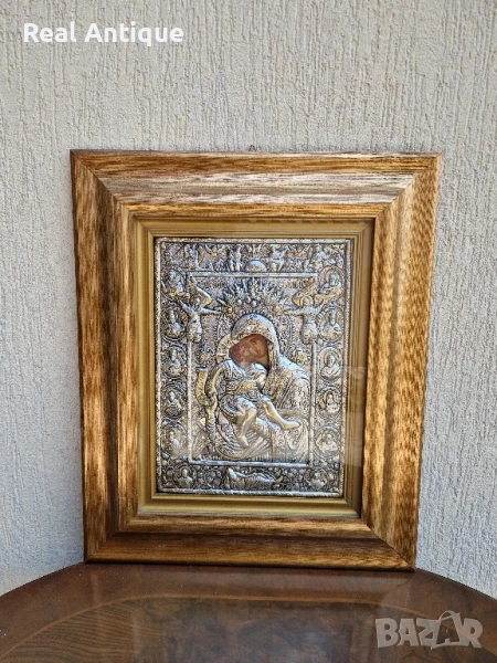 Голяма антикварна сребърна икона със сертификат и маркировка , снимка 1