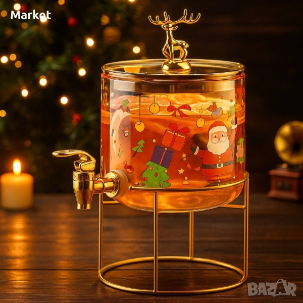 Стъклен диспенсър за напитки 2.6 L с коледен дизайн и златиста стойка, снимка 1