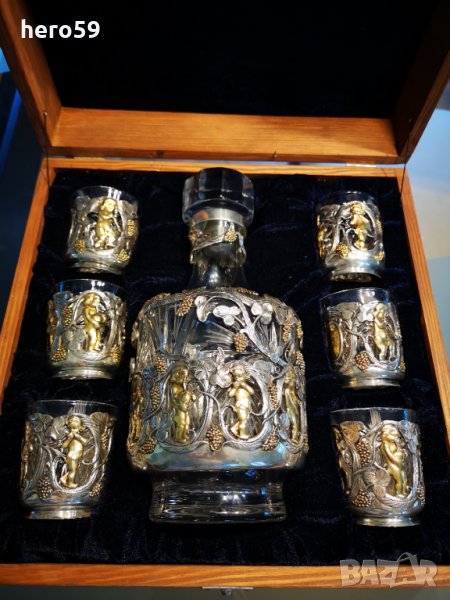 Руски сребърен 84 комплект-сет(сребро,кристал)сребърна кана,чаша,сребро 84, снимка 1