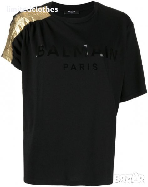 BALMAIN Gold Metallic Sleeve Logo Print Дамска Тениска size XS и S, снимка 1