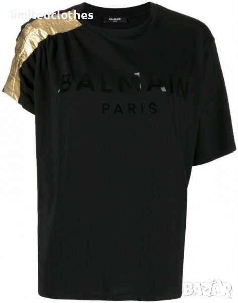 BALMAIN Gold Metallic Sleeve Logo Print Дамска Тениска size L, снимка 1