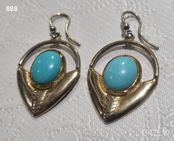 Vintage сребърни обеци с тюркоази и позлата 